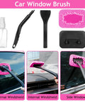 Pink Car Interior Detailing Kit with 17 Piece Pro Grade Brush Set cleaning car windows with pink brush and spray bottle.