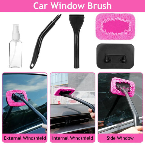 Pink Car Interior Detailing Kit with 17 Piece Pro Grade Brush Set cleaning car windows with pink brush and spray bottle.