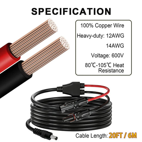 12 To 14AWG Solar Panel Cable 7Ft M C 4 To DC5521 With 8Mm 5.5 By 2.5Mm Or 3.5 By 1.35Mm Adapters, heavy-duty copper wire