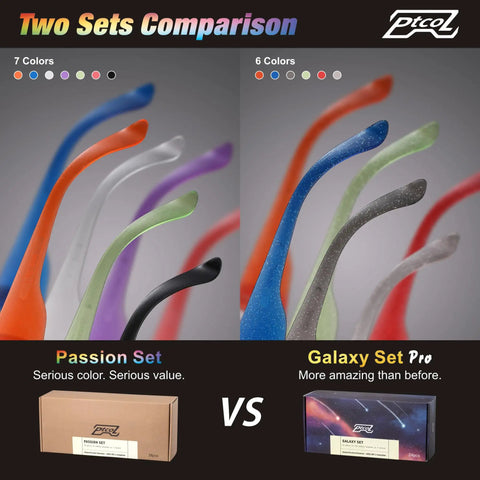 Comparison of safety glasses arms, 7 colors in Passion Set and 6 colors in Galaxy Set Pro, packaging boxes shown for each set.