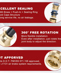 Image showing CA360 brass push-to-connect fittings with sealing and lock caps, promoting excellent sealing, 360-degree rotation, DOT approved.