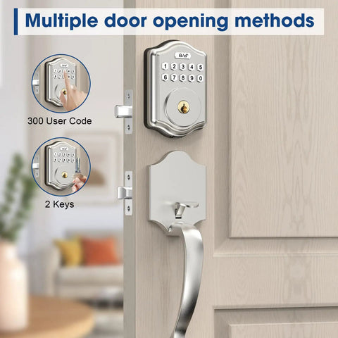 Smart Keyless Door Lock With One Click Unlock Fingerprint Access In Under A Second Virtual Cipher Keyboard Auto Lock Waterproof No Fuss Install Stores Up To 20 Passwords Includes 2 Keys Electronic Deadbolt For Secure Home Entry on a wooden door.