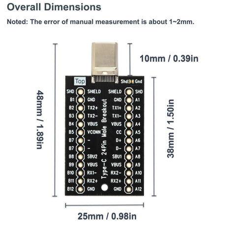 USB Type C Breakout Board With 24 Pin Male And Female Plugs Gold Plated PCB dimensions, 48mm x 25mm, for easy USB C port replacement.