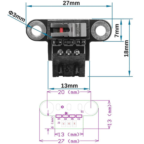 Diagram of Six Pack 3D Printer Limit Switch Kit with 1 Meter 3 Pin Cable Micro Endstop Switches for RAMPS 1.4 dimensions and layout