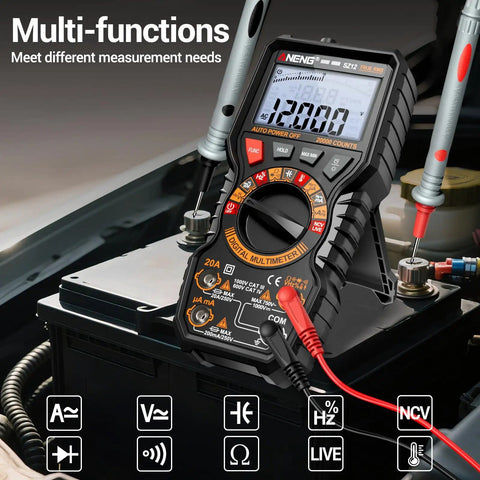 Magnetic 20000 Count TRMS Digital Multimeter With Auto Ranging on car battery, showing display and test leads