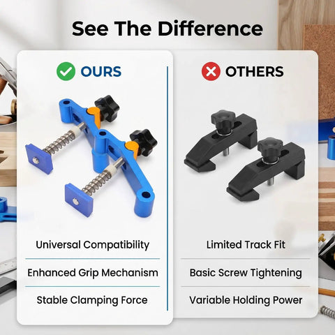 Heavy Duty T Track Clamps With Spring Nut Offer Adjustable Pressure Plate Slider For Woodworking And Metal Milling Tables Featuring 100mm Clamping Range shown with enhanced grip mechanism on left.