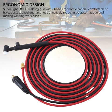 TIG Welding Torch 150A with 35 To 50mm2 Connector and 26.2Ft EPDM Rubber Hose coiled with ergonomic handle on table