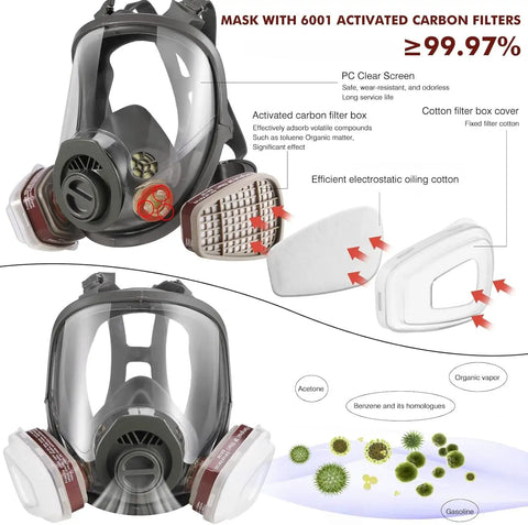 Full Face Gas Mask With Activated Carbon Filters For Gases And Organic Vapors And Chemicals Reusable Silicone Respirator Mask