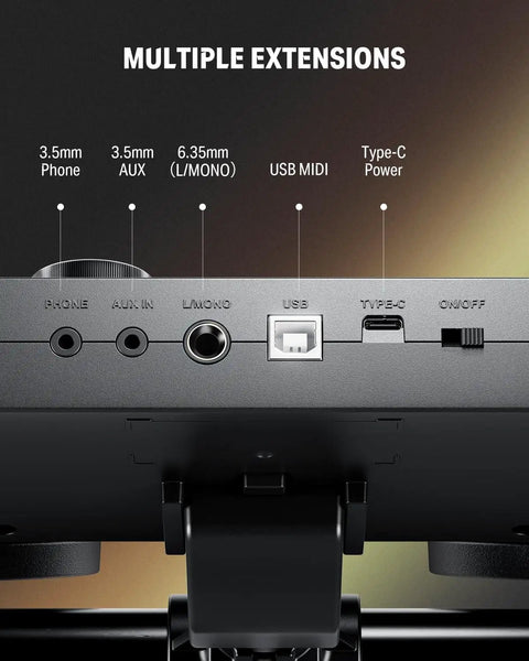 Starter Electronic Drum Kit For Beginners connectivity ports, USB MIDI and Type C charging, various audio inputs visible.