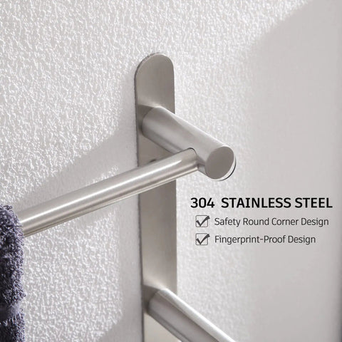 Close-up of stainless steel 3 tier ladder towel rack wall mount in brushed nickel rustproof SUS 304 with towel on bar