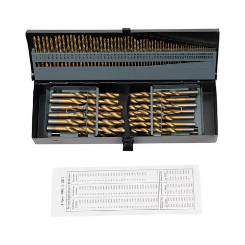 Cobalt Twist Drill Bit Set 115pcs With Metal Case For Hardened Steel Wood Plastic High Speed Steel Hss M35 Professional Grade Power Tool Kit open case with labeled bits