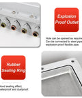 Outdoor explosion-proof IP66 junction box; front view shows multi-port terminals, rubber sealing ring, and gasket close-ups.