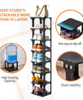 5 Tier Vertical Shoe Rack Slim Free Standing Organizer For Entryways And Small Closets Stackable Shoe Shelf Stable Black Fits Up To US Size 15 Footwear image with multiple stacked layers and shoes