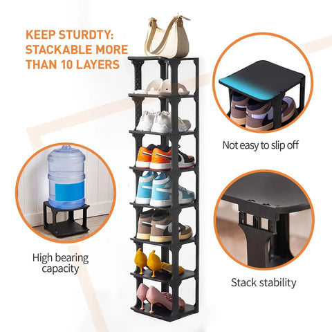 5 Tier Vertical Shoe Rack Slim Free Standing Organizer For Entryways And Small Closets Stackable Shoe Shelf Stable Black Fits Up To US Size 15 Footwear image with multiple stacked layers and shoes