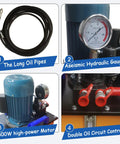 150 Ton Hydraulic Chain Pinning Machine Track Pin Removal Tool Heavy Duty Link Repair Press components including long oil pipes and hydraulic gauge.
