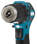 Close-up of Badass 12v Max Lithium Ion Cxt Brushless Drill Driver with keyless chuck and LED lamp for visibility.