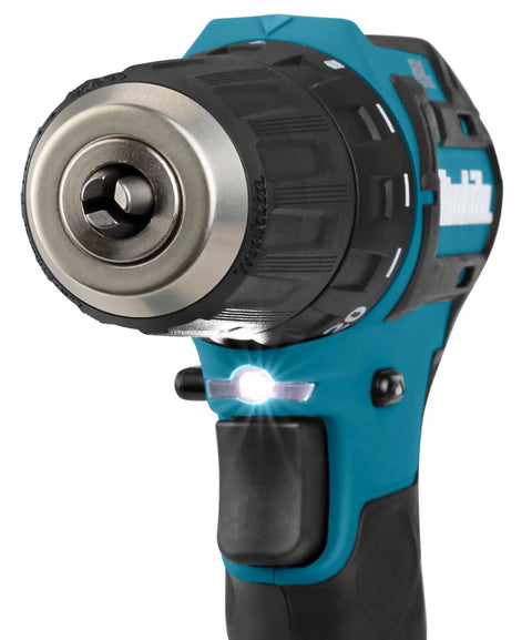 Close-up of Badass 12v Max Lithium Ion Cxt Brushless Drill Driver with keyless chuck and LED lamp for visibility.