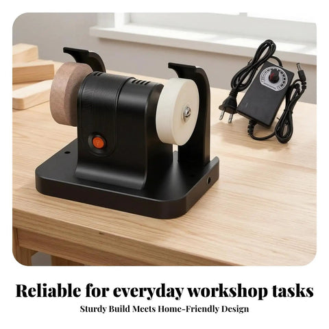 Rock Solid Dual Wheel Workbench With Integrated Grinding Station White Compact Corded Shop Table Light Duty showing grinding wheels on a wooden table.