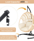 Outdoor Hanging Egg Chair With Stand And Rain Cover, showing wicker swing chair with steel hanging kit and waterproof cushions.