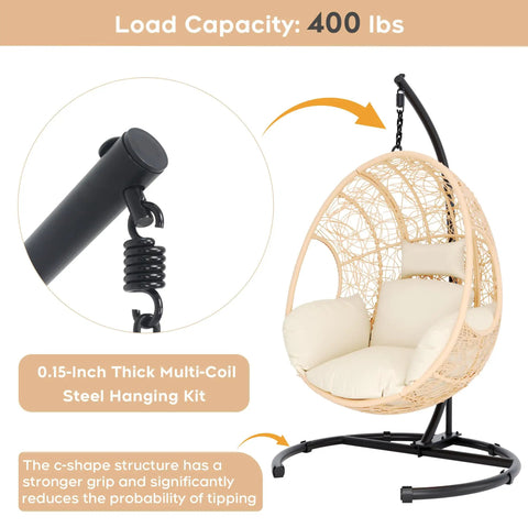 Outdoor Hanging Egg Chair With Stand And Rain Cover, showing wicker swing chair with steel hanging kit and waterproof cushions.