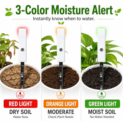 Easy Soil Moisture Meter For Indoor And Outdoor Plants, 3 Color Light Indicator, One Button Soil Tester Probe For Houseplants, Succulents, Garden, Potted Plants, Quick Read For A Healthy Green Thumb.