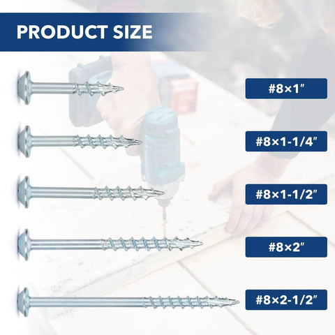 Image showing various sizes of pocket hole screws with specs, highlighting the Pocket Hole Screws Eight By One And A Half Inch Zinc Coarse.