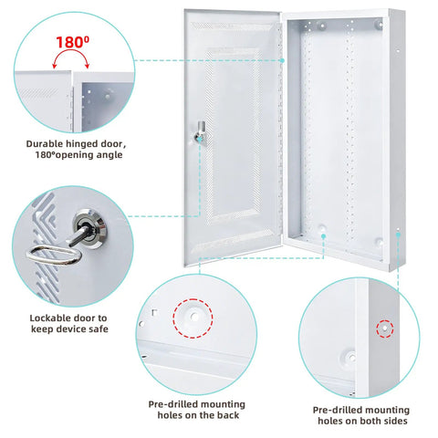 Tough As Nails 28 Inch Media Enclosure For Structured Wiring Cabinets featuring a 180° open hinged door and lockable design.
