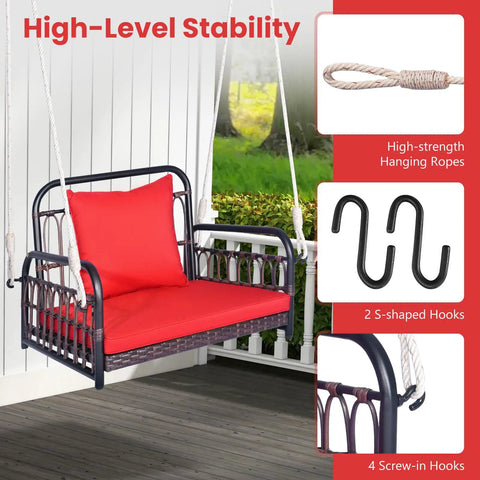 Red Wicker Porch Swing Chair For One With Cushioned Seat And Back, Reinforced Metal Frame, Two Sturdy Hanging Ropes