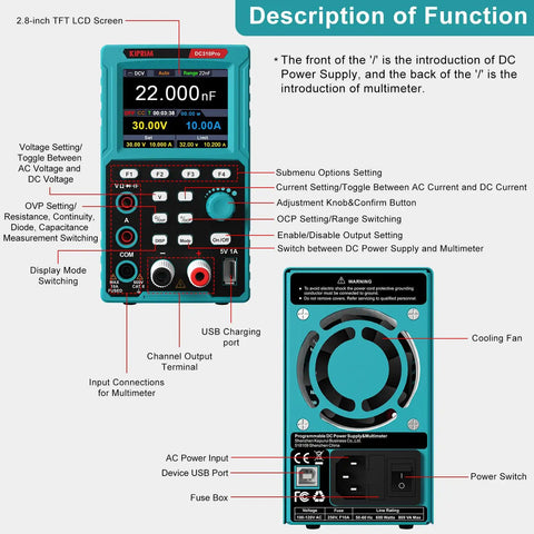 2 In 1 Programmable Power Supply And Multimeter With Data Memory And USB Charging For Electronics Hobbyists, device layout description