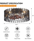 Space Saving 16 Inch Caged Ceiling Fan With Lights Remote Control Matte Black Finish Dope Sleek Farmhouse Style Flush Mount Indoor Ceiling Fan With 6 Speeds And Light Kit 7 Wood Painted ABS Blades Perfect For Living Room Bedroom shown with fan specifications and features like remote and timers