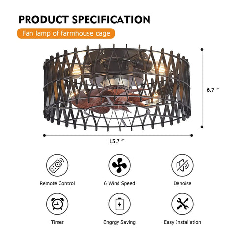 Space Saving 16 Inch Caged Ceiling Fan With Lights Remote Control Matte Black Finish Dope Sleek Farmhouse Style Flush Mount Indoor Ceiling Fan With 6 Speeds And Light Kit 7 Wood Painted ABS Blades Perfect For Living Room Bedroom shown with fan specifications and features like remote and timers