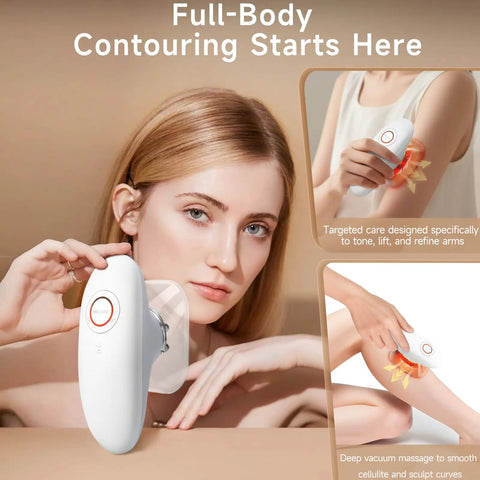 Woman using Three In One At Home Body Sculptor with suction massage and red light therapy on arms and thighs for smoother skin
