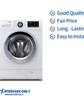 Front view of a washing machine with text promoting quality, price, durability, and easy installation.