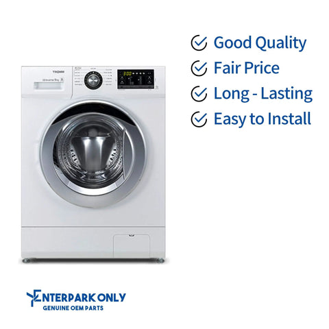 Front view of a washing machine with text promoting quality, price, durability, and easy installation.