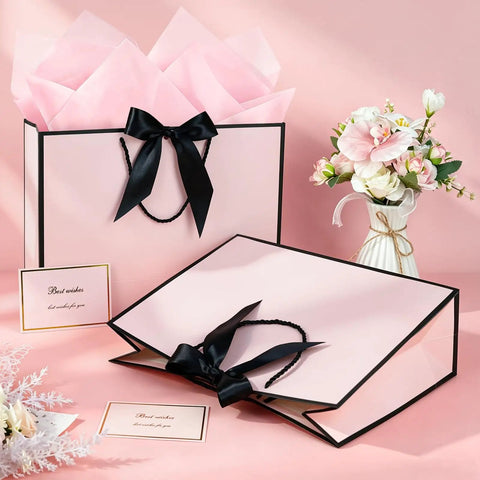 Medium Gift Bag With Handles For Every Occasion, 12.6x9.8x4.3 Inches Black Pink Gift Bag Includes Two Tissue Papers And One Card