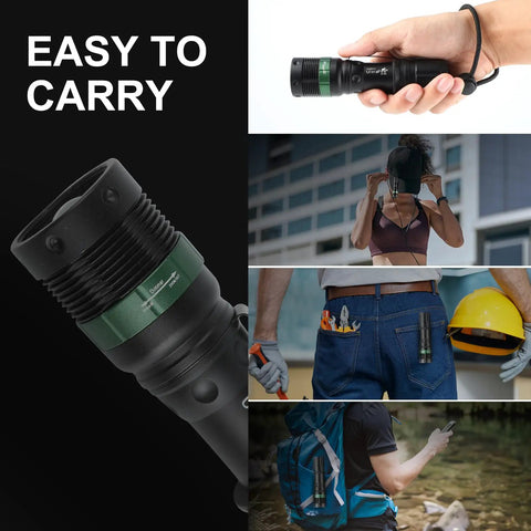 Easy-to-carry flashlight with green and black design shown in hand, pocket, backpack, and on the move.