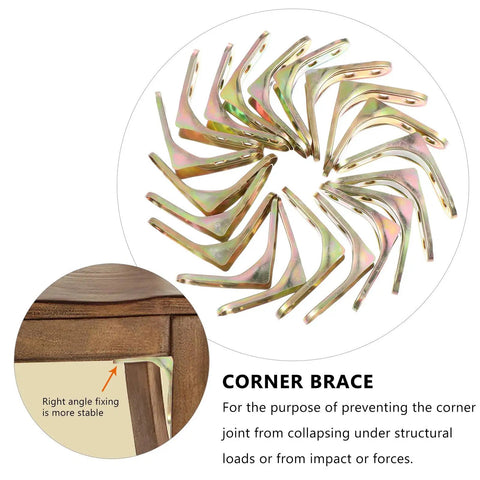 20 Pack Golden Iron Right Angle Brackets for furniture support and reinforcement displayed in a spiral arrangement.