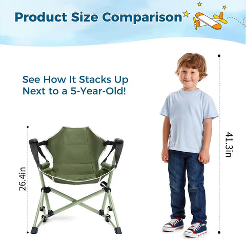 Size comparison of Kids Hammock Chair With Stand, Adjustable Folding Camping Chair For Travel, 26.4in next to 41.3in child.