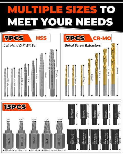 29 Piece Screw Extractor Set With Left Hand Drill Bits For Stubborn Stuck Screws, titanium coated HSS and CR-MO steel, 15 pcs set