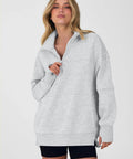 Woman wearing Womens Quarter Zip Sweatshirt With Oversized Hood Light Gray Cozy Lounge Essential Relaxed Fit Everyday Wear Size Small