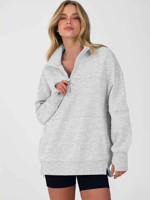 Woman wearing Womens Quarter Zip Sweatshirt With Oversized Hood Light Gray Cozy Lounge Essential Relaxed Fit Everyday Wear Size Small