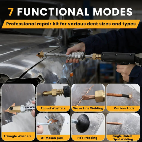 Person using 1.8KW Stud Welder Dent Repair Kit 110V Spot Welder With Slide Hammer And 7 Adjustable Modes on car body