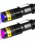 Set of two black 365Nm and 395Nm ultraviolet flashlights for detecting dog urine and pet stains with a portable blacklight LED torch.