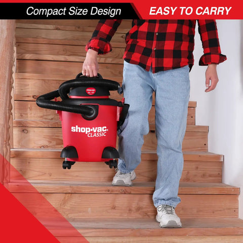 Person carrying All In One 5 Gallon 4.5 HP Wet Dry Vacuum With Attachments For Home Garage Car And Workshop Portable Heavy Duty Vacuum 3 In 1 Suction Blower Function For Home Projects on stairs