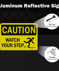 Kickass Caution Watch Your Step Signs 2 Pack 10 X 7 Inch Rust Free Reflective Aluminum Safety Plaque Weatherproof Warning Sign displayed against a black background.