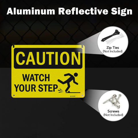 Kickass Caution Watch Your Step Signs 2 Pack 10 X 7 Inch Rust Free Reflective Aluminum Safety Plaque Weatherproof Warning Sign displayed against a black background.