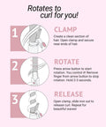Instruction steps showing clamp, rotate, release with 1 Inch Ceramic Rotating Curling Iron With Auto Spin Wand For Effortless Beachy Waves.