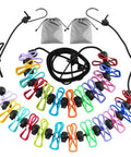 2 Pack Portable Camping Clothesline Set With 12 Colorful Clothespins And 13 Windproof Non Slip Clamps, shown with elastic rope and bags.