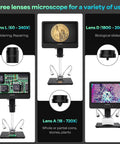 Crystal Clear 2160P HDMI Digital Microscope With 10.1 Inch Display Three Lens System For Soldering Repair Electronics Coins Plants Stones And Biological Slides Up To 2000x Magnification, on boom stand
