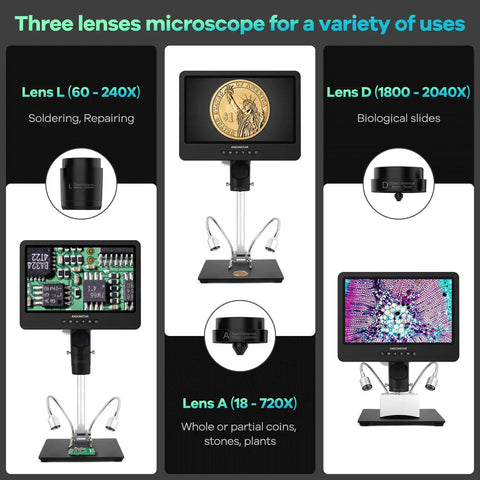 Crystal Clear 2160P HDMI Digital Microscope With 10.1 Inch Display Three Lens System For Soldering Repair Electronics Coins Plants Stones And Biological Slides Up To 2000x Magnification, on boom stand